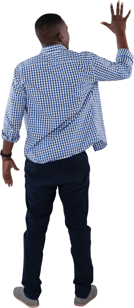 Transparent Rear View of Man Reaching for Virtual Interaction