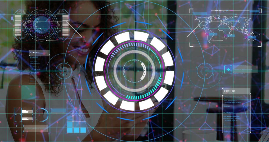 Smiling Woman Using Smartphone with Futuristic Digital Interface Overlay