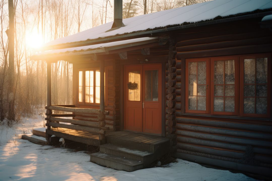 Cozy Wooden Cabin in Winter Sunrise with Warm Lighting - Free Images, Stock Photos and Pictures on Pikwizard.com