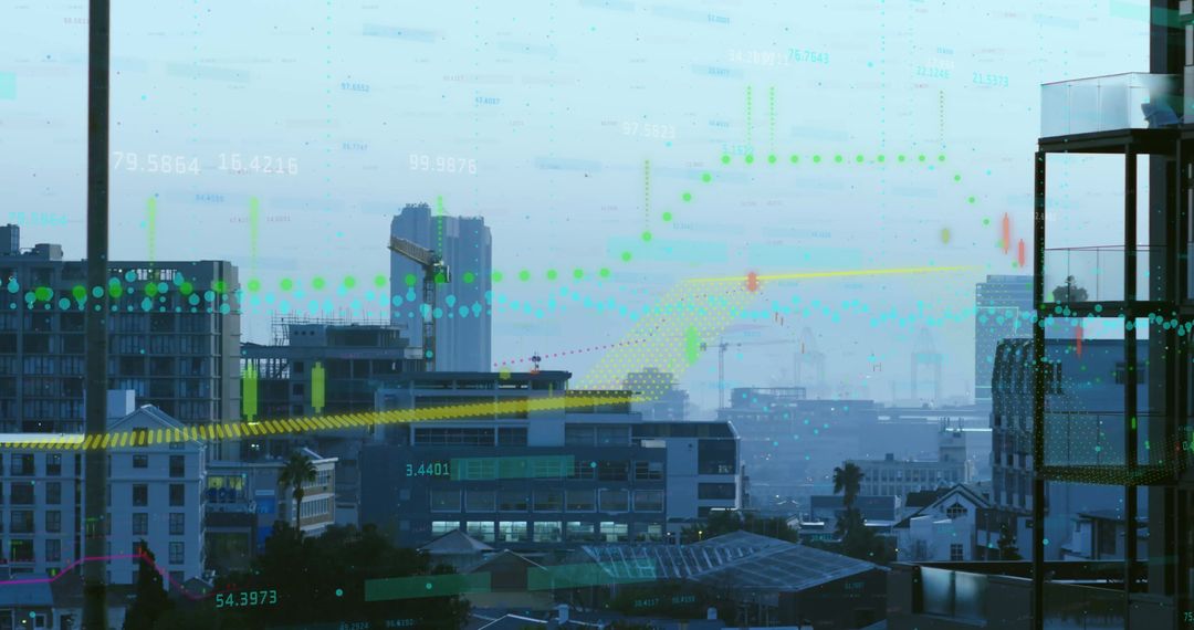Financial Data Overlay on Urban Skyline Displaying Global Connections