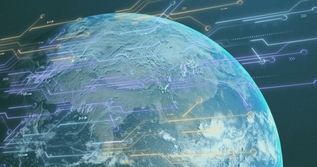 Earth from Space with Futuristic Digital Circuit Overlays