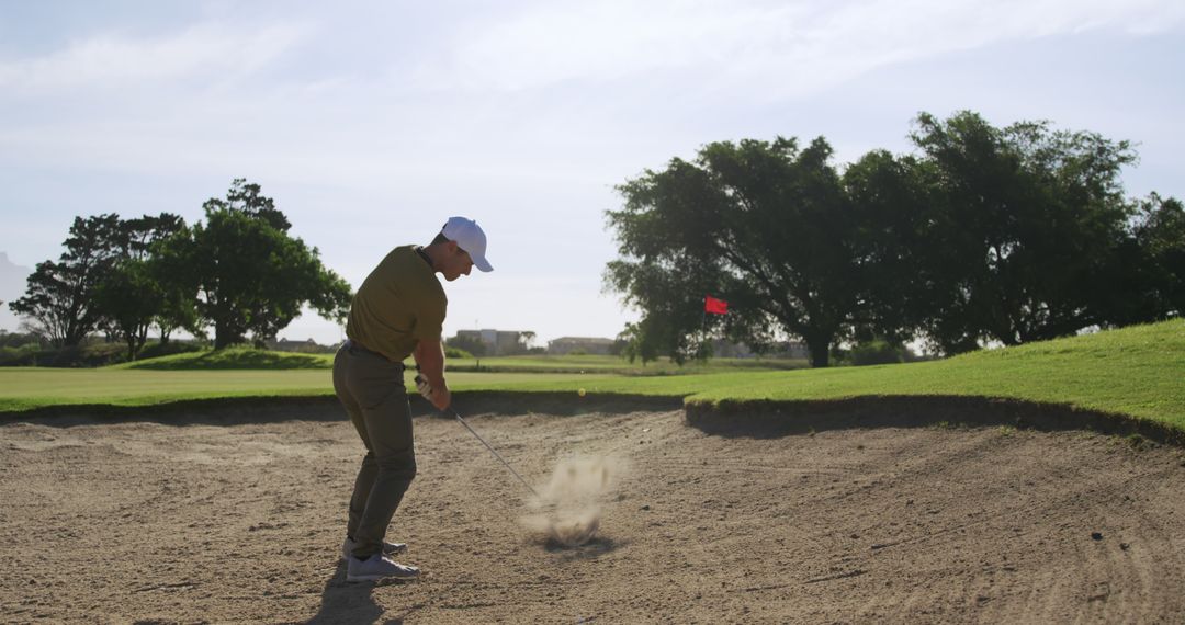 Focused Golfer Swinging in Sand Trap on Sunny Day