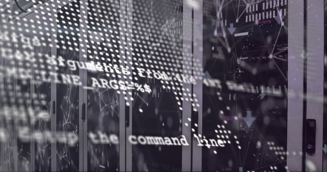 World Map Overlay with Server Room and Data Processing Matrix