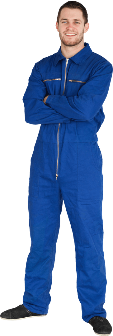 Smiling Mechanic in Blue Boiler Suit on Transparent Background