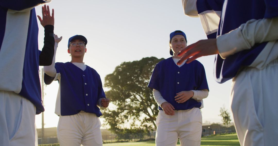 Baseball Team Celebrating During a Game in Outdoor Field at Sunset - Free Images, Stock Photos and Pictures on Pikwizard.com