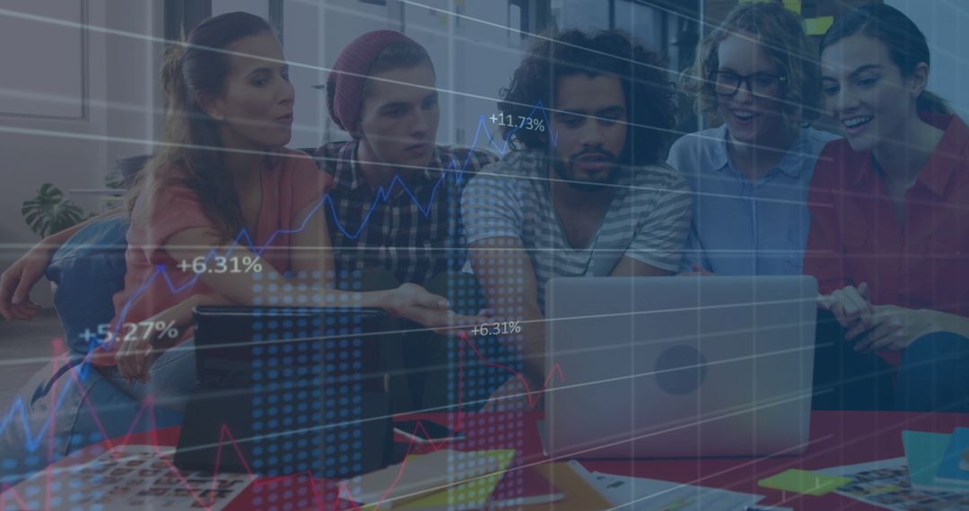 Diverse Team Analyzing Financial Data with Laptop