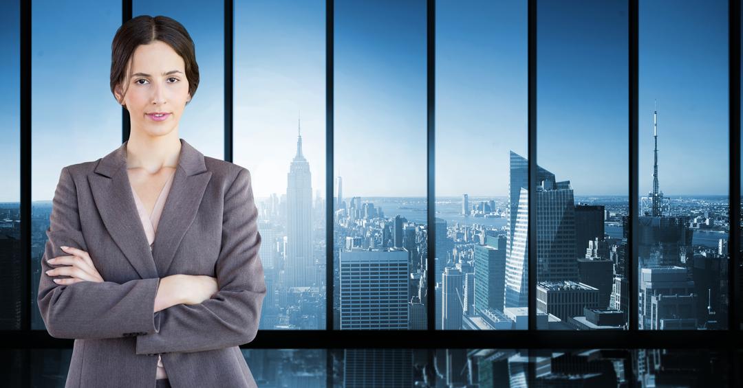 Confident Businesswoman with Arms Crossed Overlooking City Skyline - Free Images, Stock Photos and Pictures on Pikwizard.com