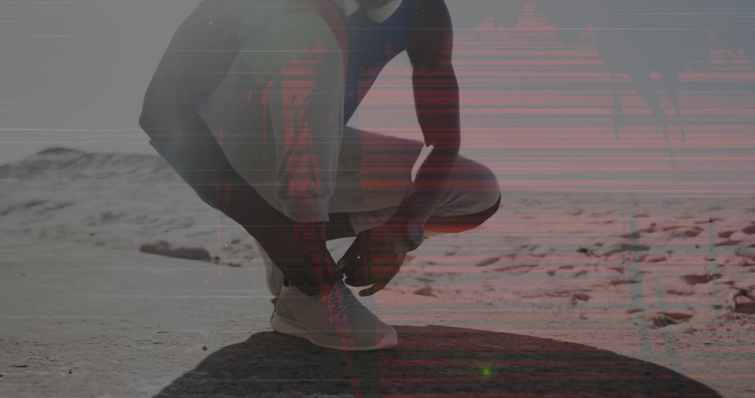 Runner Preparing for Desert Run with Shoelaces and Smartwatch