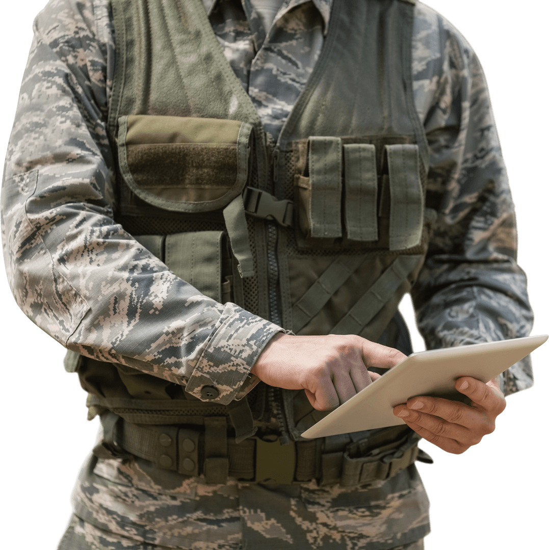 Male Soldier Using Tablet Technology on Transparent Background