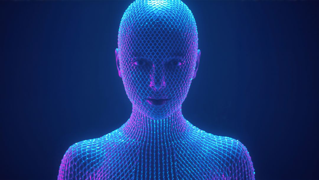 Digital Humanoid with Glowing Nodes in Futuristic Space