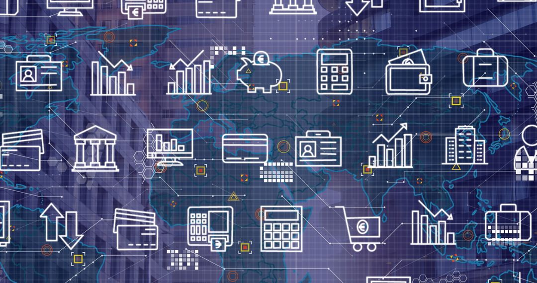 Global Financial Technology Icons on World Map Background