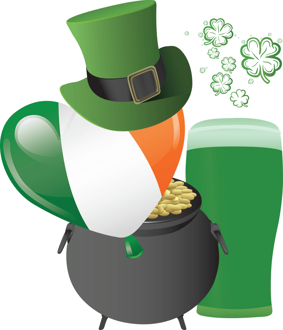 Irish Heart with Top Hat, Pot of Gold, Beer Illustrating Irish Celebrations