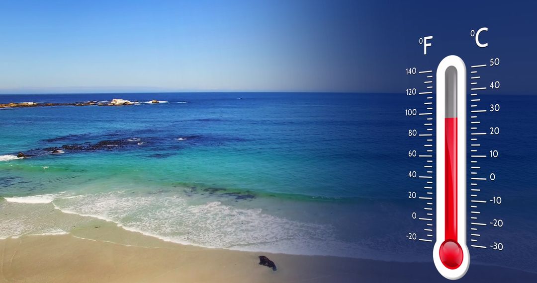 Digital Thermometer Over Coastal Horizon Illustrating Global Temperature Change