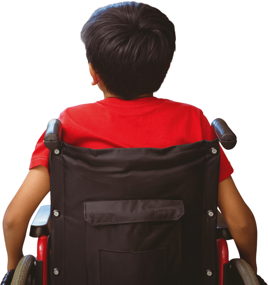 Rear View of Young Boy in Wheelchair on Transparent Background