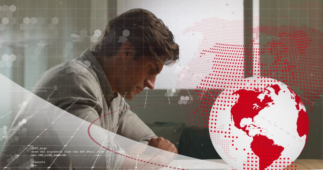 Man Using Tablet with Digital Globe and Data Overlay