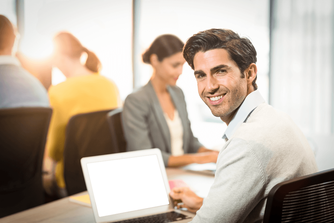 Smiling Businessman Using Laptop with Transparent Screen