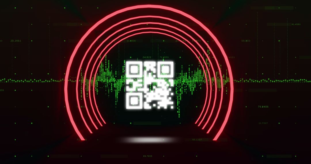 Glowing QR Code with Neon Circles and Digital Light Trails