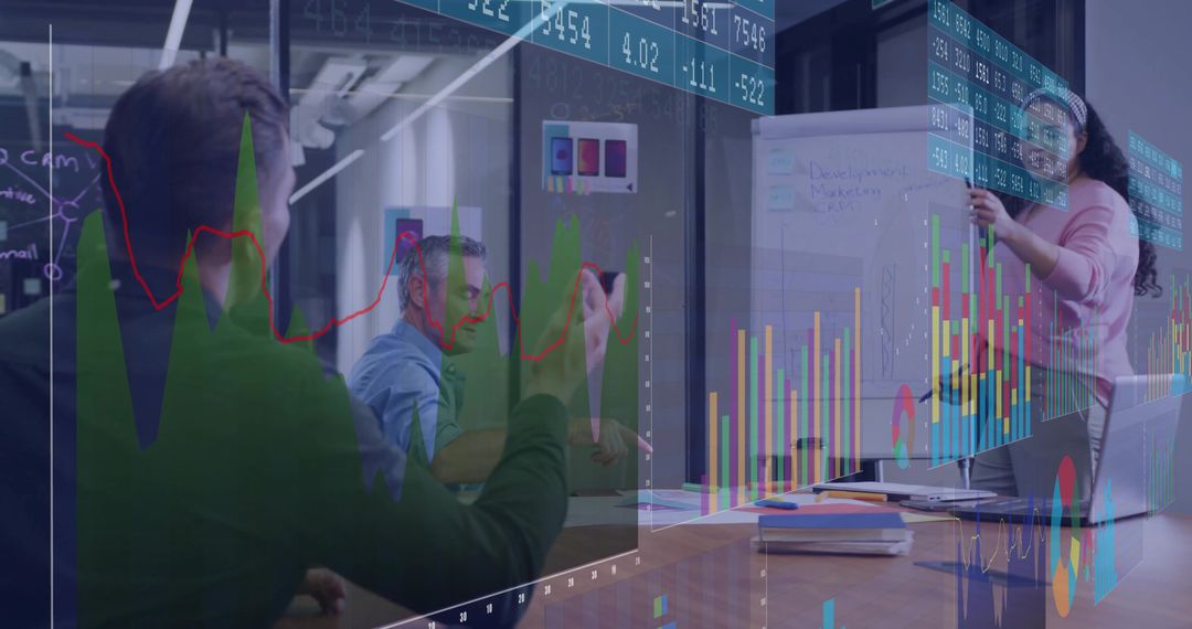 Team Collaboration and Data Strategy Meeting Amidst Digital Graphs