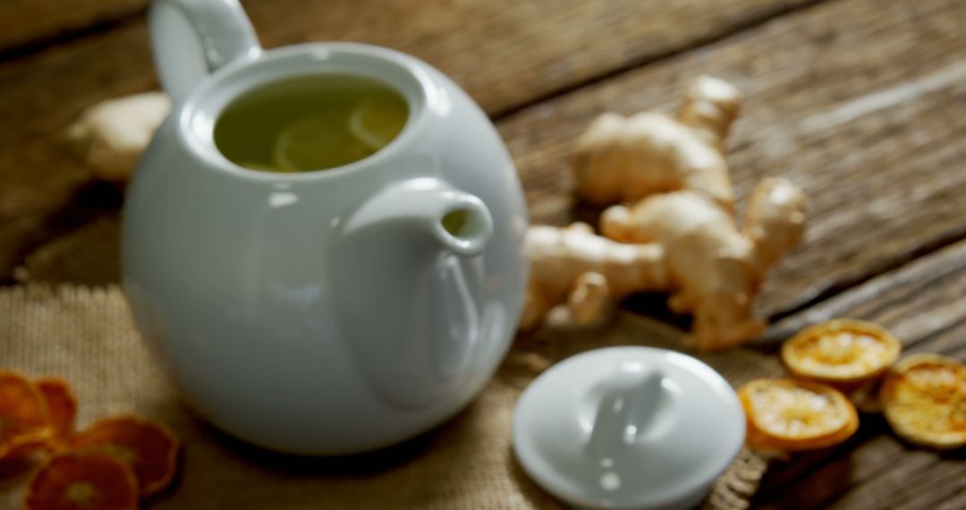 Steaming Herbal Tea in Ceramic Teapot with Fresh Ginger and Dried Fruit - Free Images, Stock Photos and Pictures on Pikwizard.com