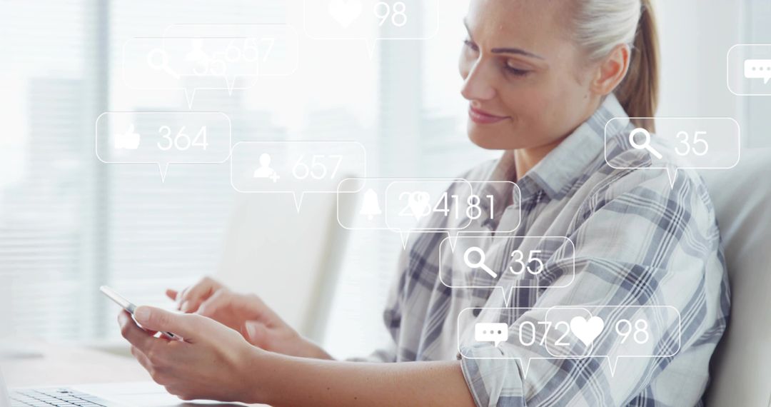 Tapping Smartphone While Viewing Social Media Notifications at Bright Office Desk