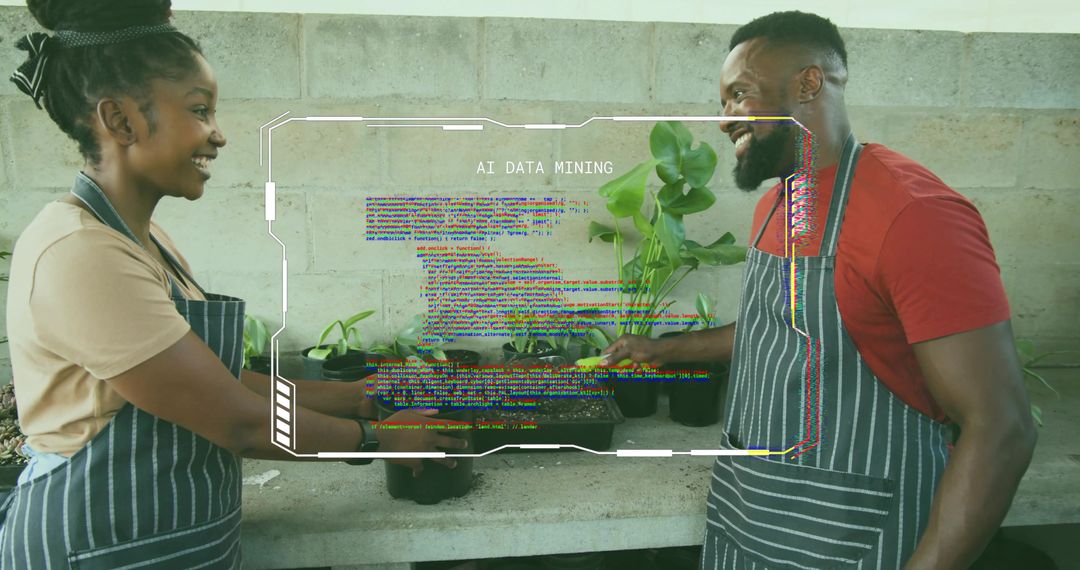 Handing seedling tray, collaborating in sustainable gardening with AI data mining overlay