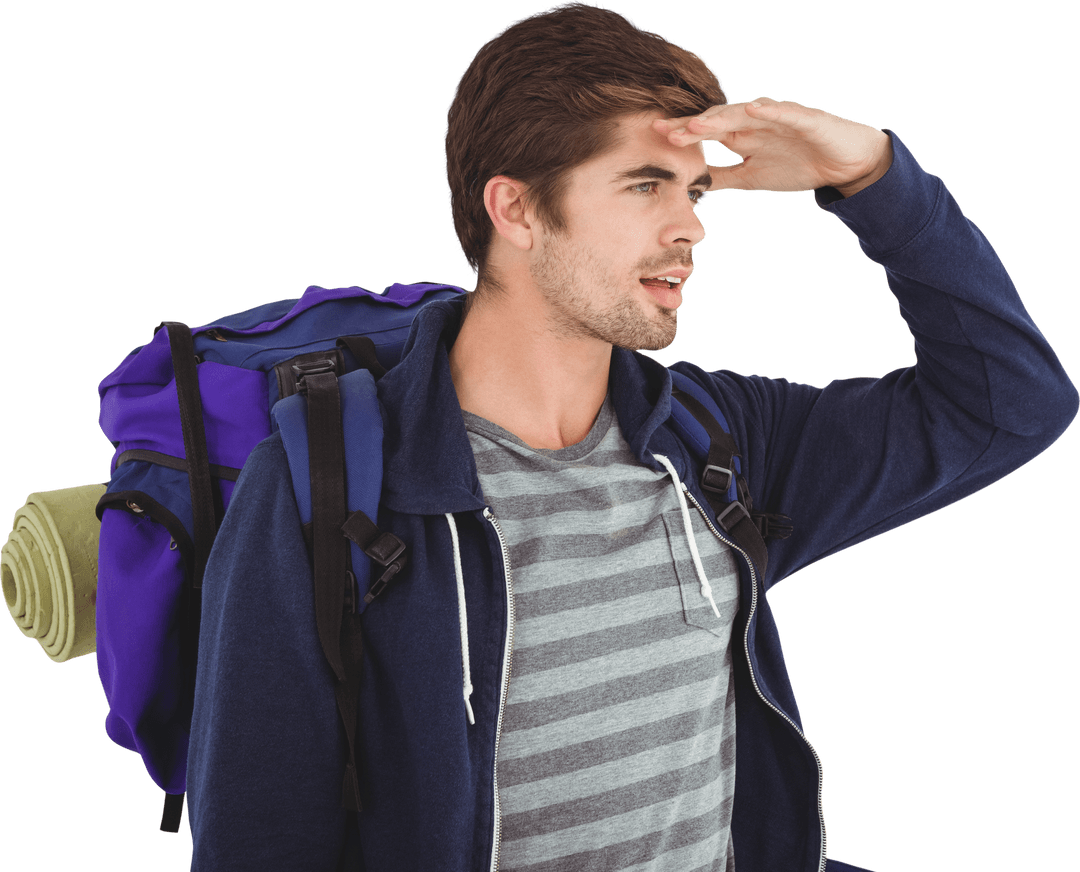 Traveler with Backpack Gazing Forward on Transparent Background