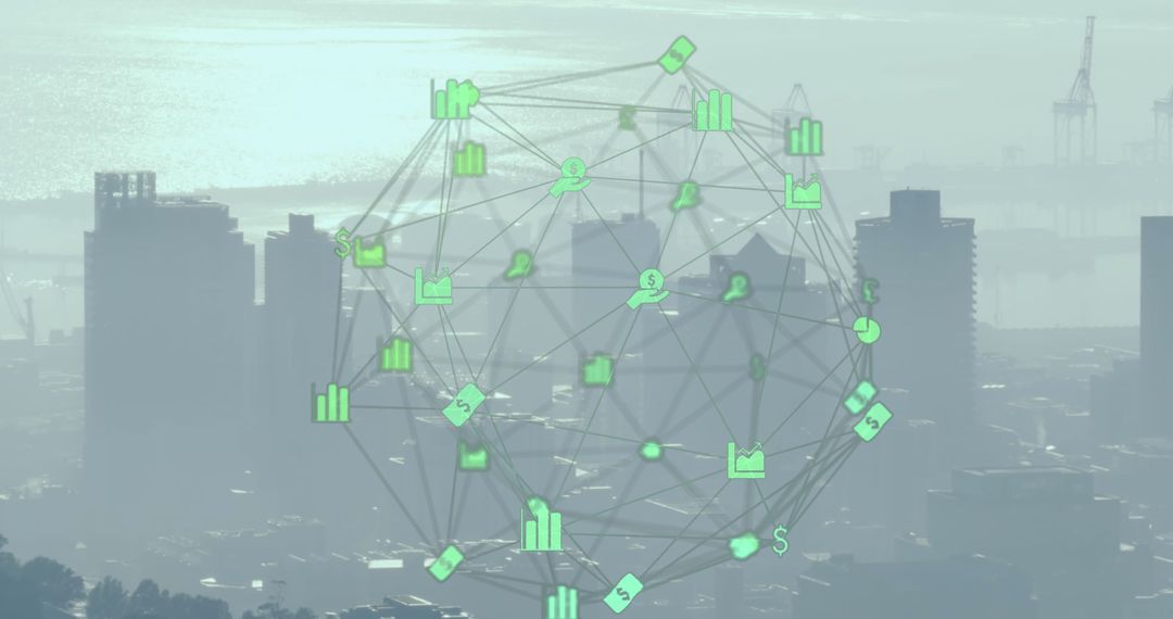 Digital Network Overlay on Urban Skyline Symbolizing Technological Connectivity