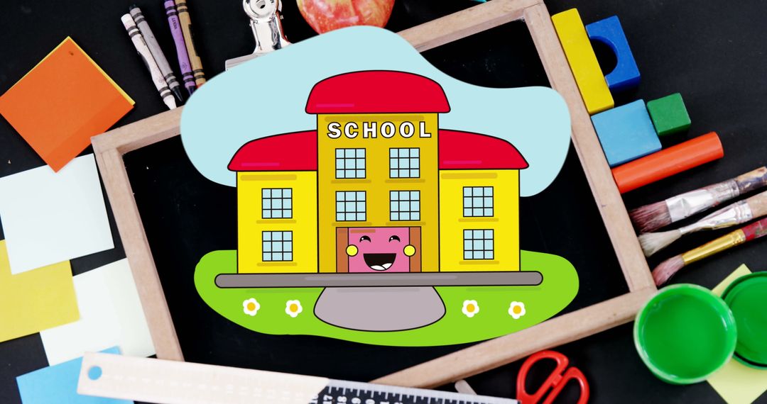 Brightly Colored Cartoon School Building with School Supplies