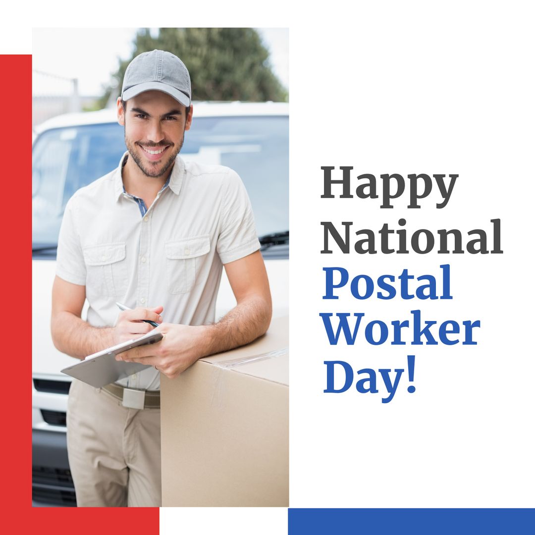 Happy National Postal Worker Day Greeting Card with Smiling Delivery Man