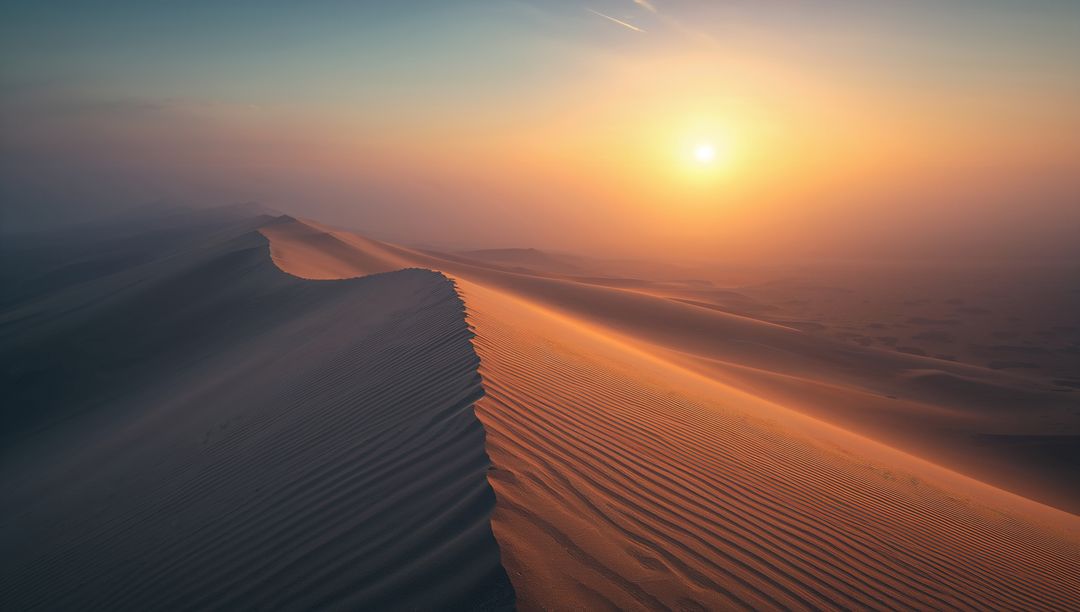 Sweeping Sand Dunes at Sunrise with Golden Light and Contrails