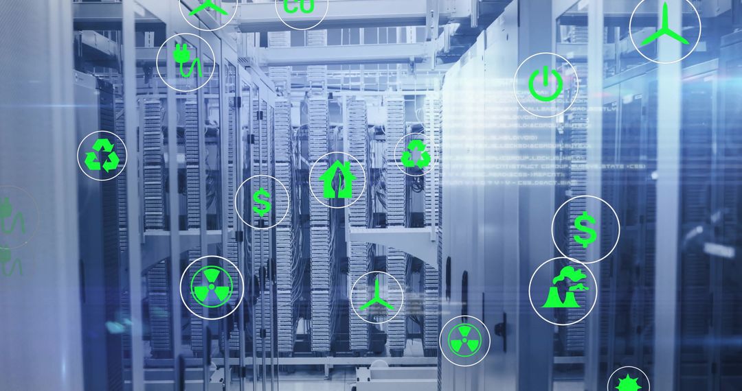 Green Icons Overlaying Modern Data Center Servers