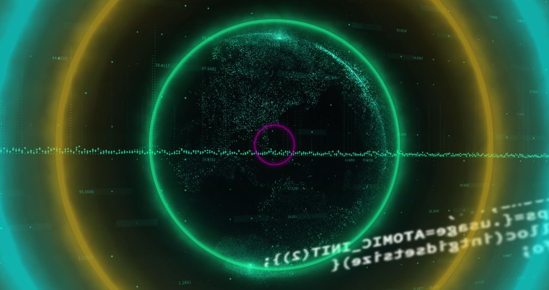 Abstract Digital Globe with Neon Circular Patterns and Data Elements