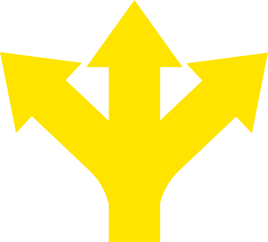 Bright Yellow Three-Way Arrow on Transparent Background