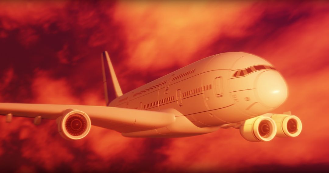 Futuristic Digital Airplane Soaring Through Vibrant Red Clouds