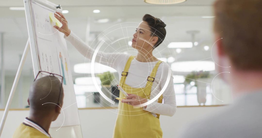 Creative team presenting with sticky notes and HUD overlay for collaborative brainstorming