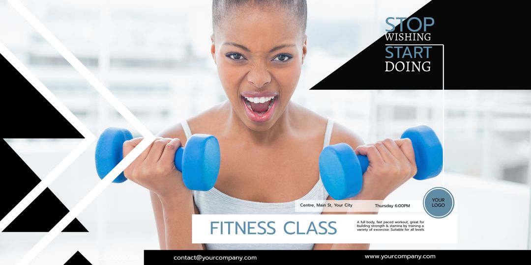Empowered woman lifting weights in fitness class ad