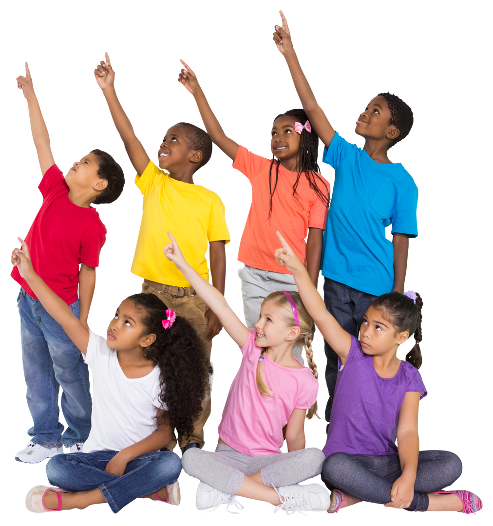 Happy Diverse Elementary Schoolchildren Pointing Up on Transparent Background - Download Free Stock Images Pikwizard.com