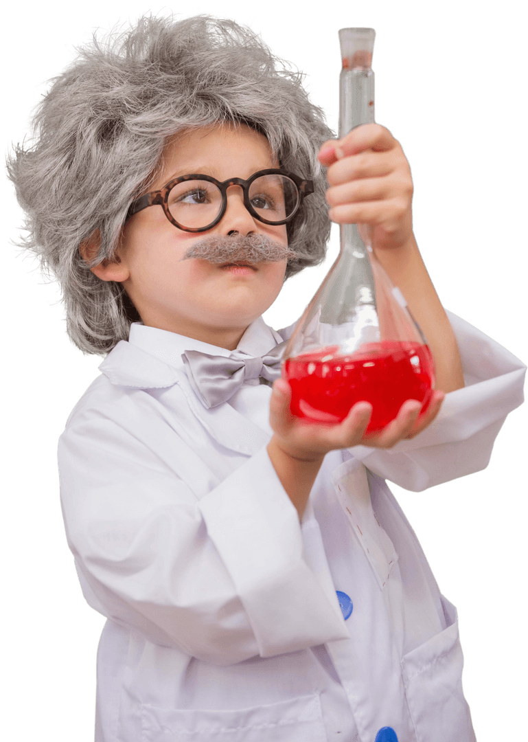 Caucasian Boy in Scientist Costume Holding Flask on Transparent Background