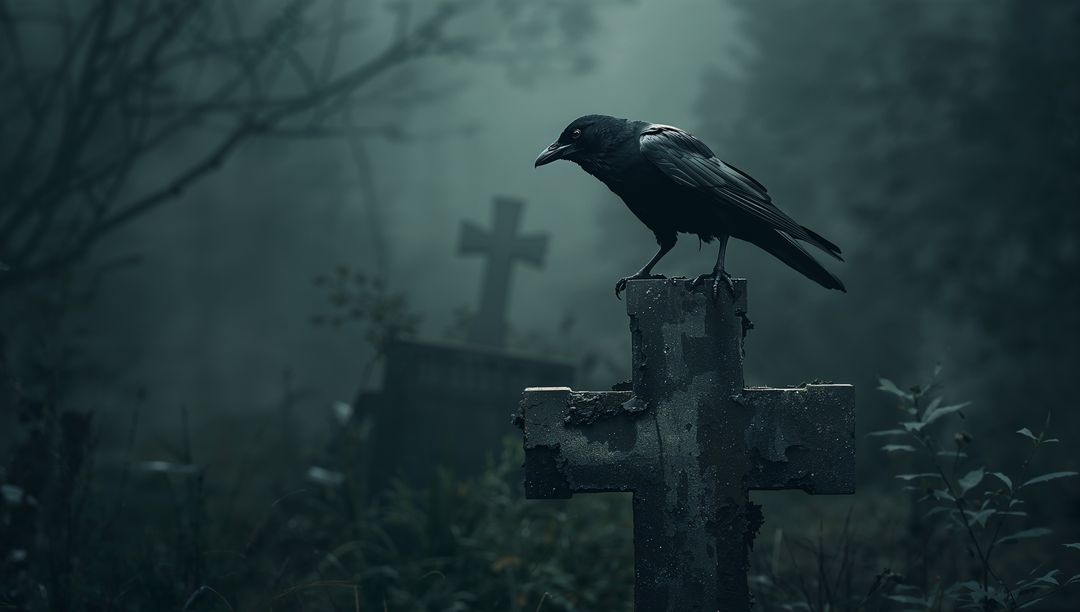 Black Crow on Weathered Cross in Mysterious Foggy Cemetery