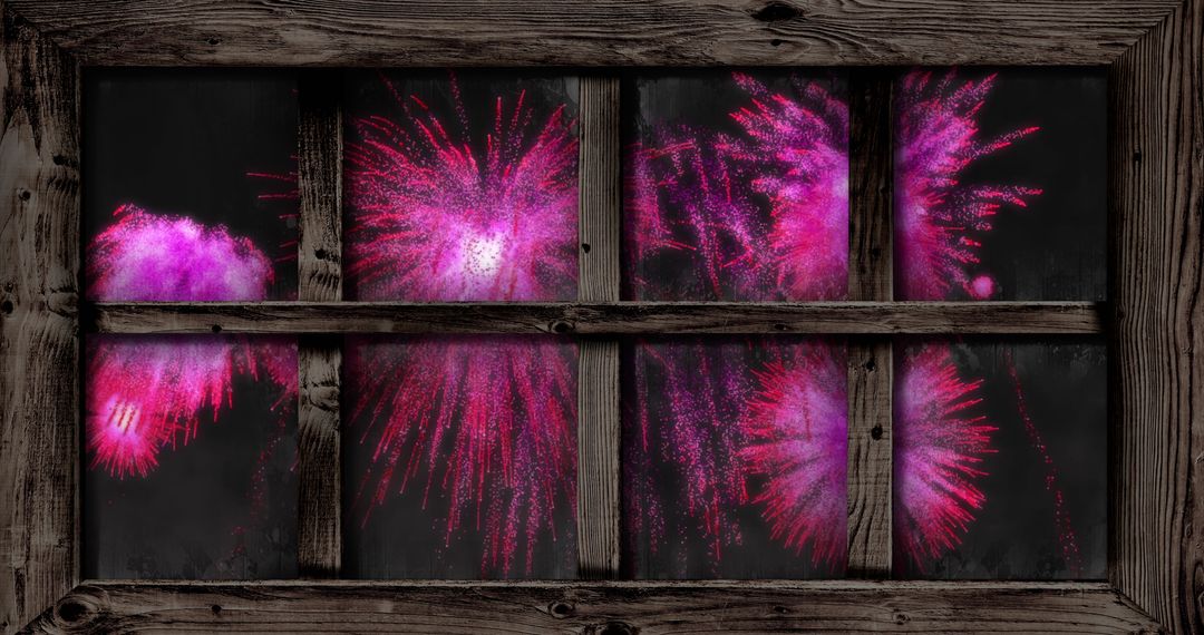 Pink Fireworks Display Viewed Through Rustic Window Frame