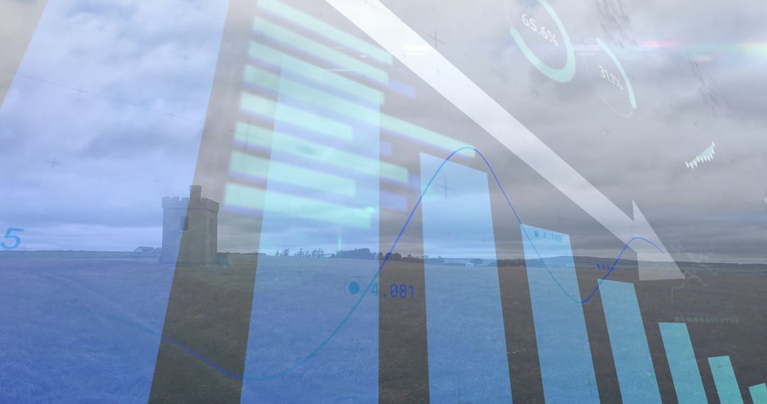 Data Visualization Overlay on Rural Stone Tower and Grassland