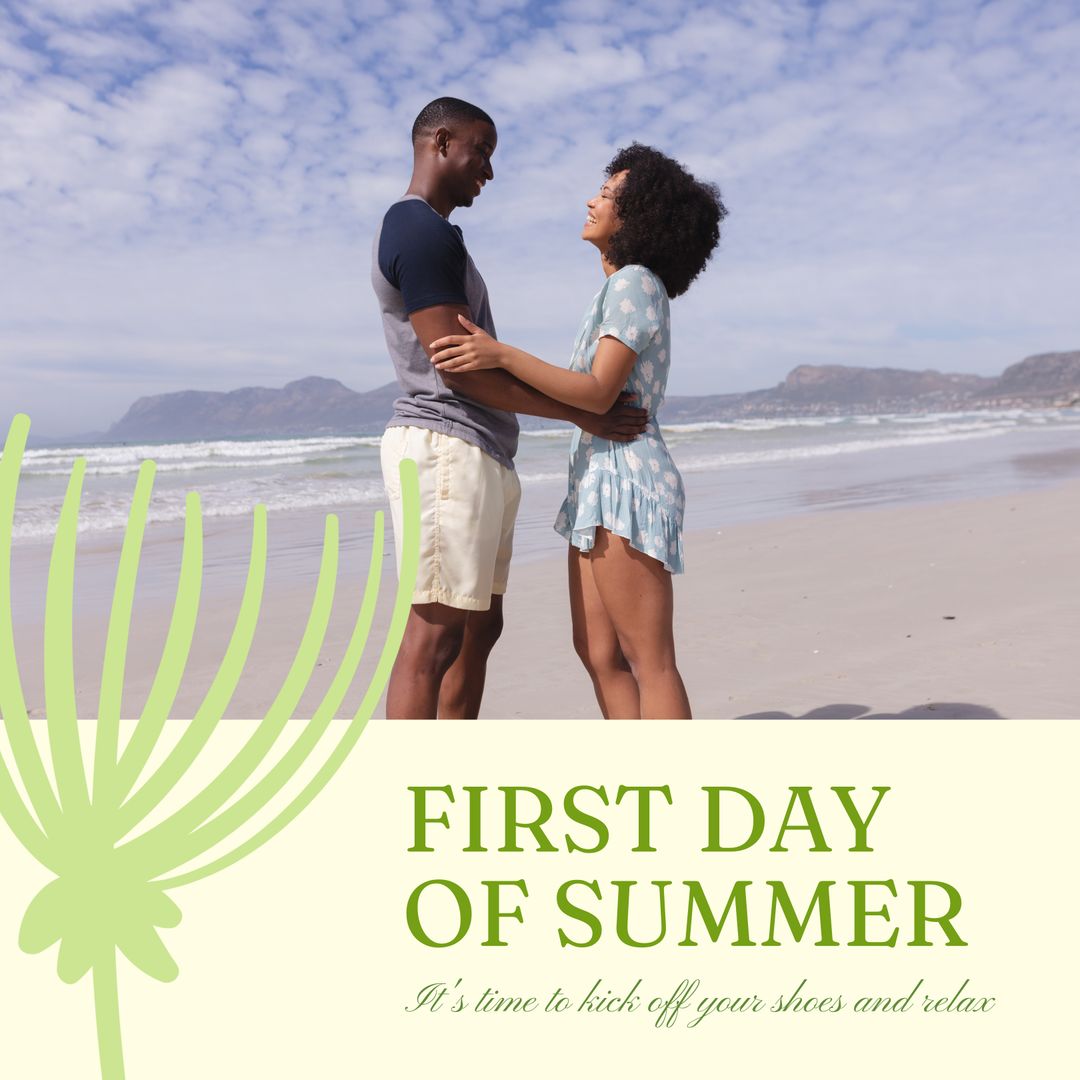 Joyful Couple Embracing on Summer Beach Holiday Promotion