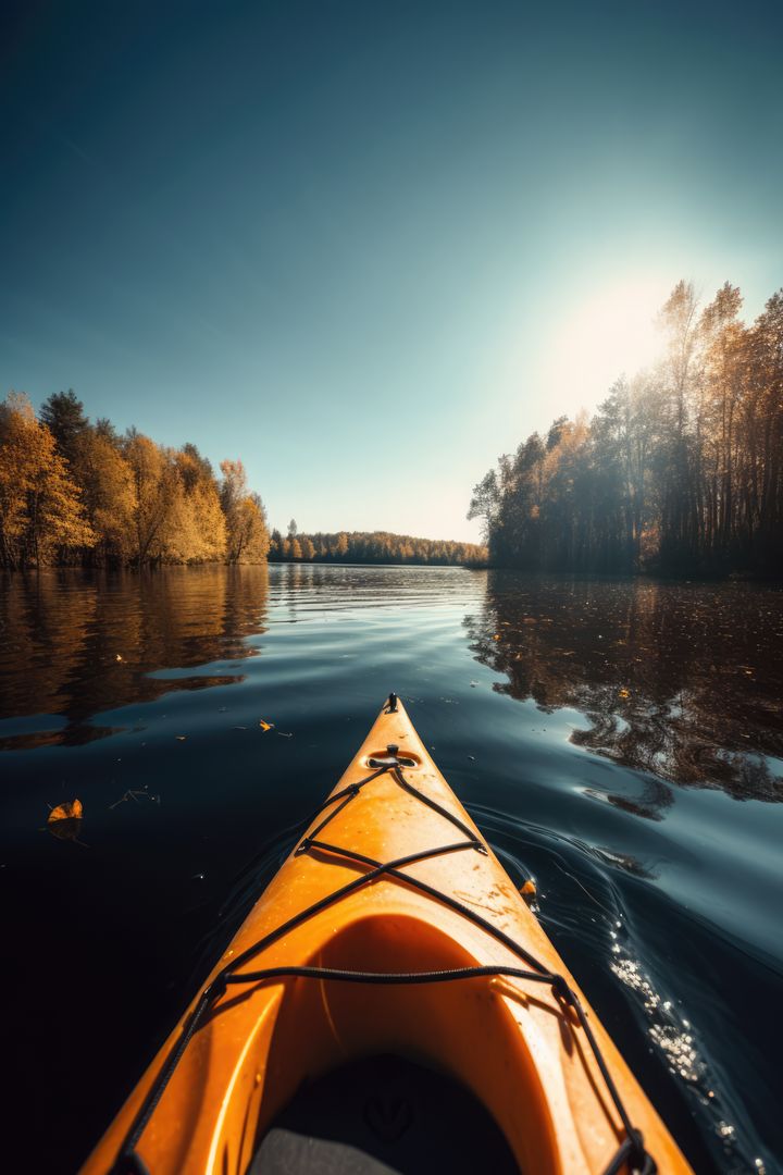 Kayaking on Calm Autumn Lake with Vibrant Fall Foliage - Free Images, Stock Photos and Pictures on Pikwizard.com