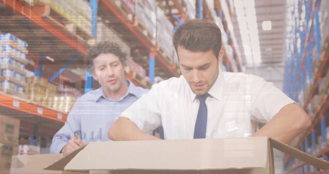 Warehouse Operations with Digital Interface Overlay