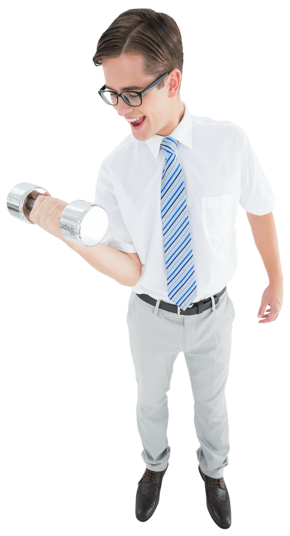 Geeky Businessman Lifting Dumbbell on Transparent Background