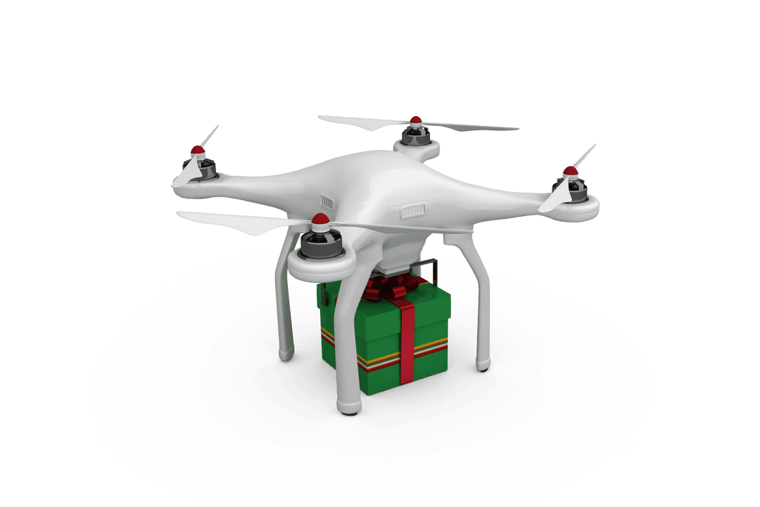 Christmas Gift Box on Drone Conveyed on Transparent Background
