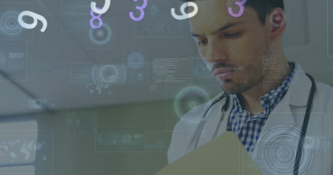 Doctor Analyzing Data with Digital Interface Overlays