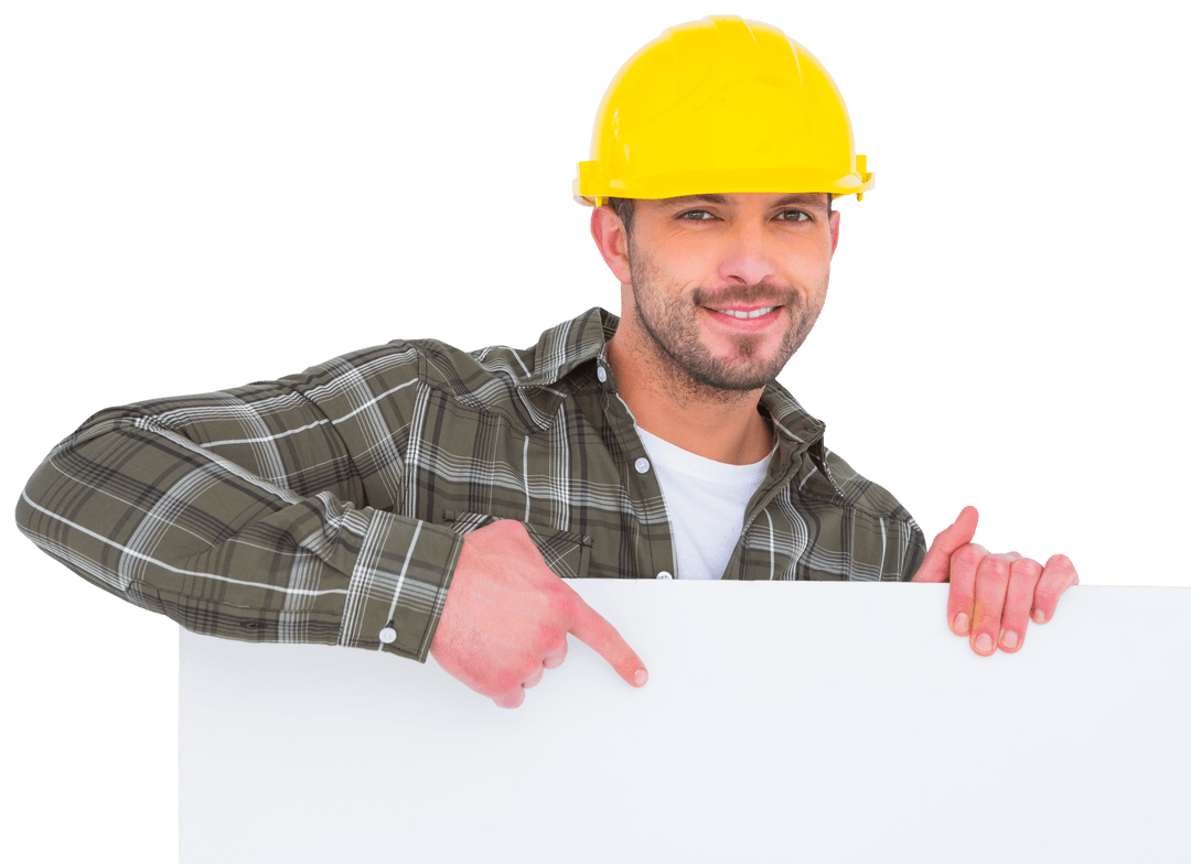 Construction Worker Pointing at Transparent Banner