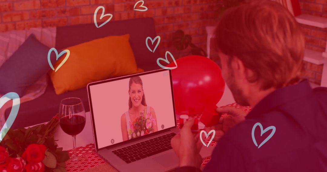 Caucasian Couple Sharing Romantic Virtual Date via Video Call