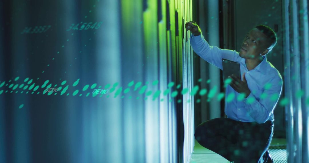 Engineer Analyzing Digital Data in Modern Server Room